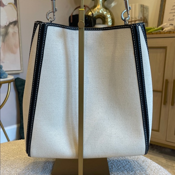 Tory Burch Ivory Canvas Bucket Bag with Black Trim - Picture 4 of 10